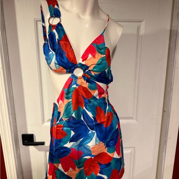 For Love And Lemons Blue Red One Shoulder Sundress - Picture 1 of 3